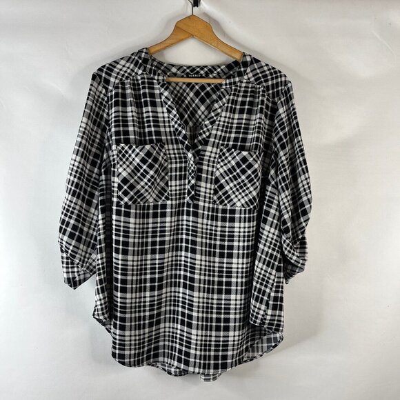 Torrid Harper Womens Tunic Shirt Top Size 2X Black White Plaid Checks Button Up - Picture 2 of 9